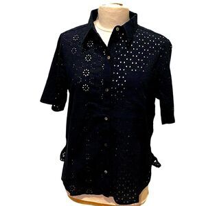 SUNDANCE $47 NWT Eyelet Blouse Button Up Boho Dark Academia Preppy Navy M India